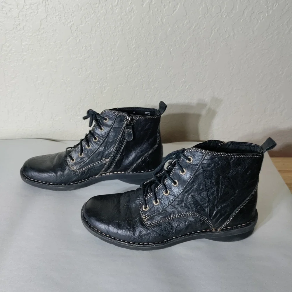 Clarks Black Leather Ankle Boots Lace Up Side Zip Combat Booties Womens 8M